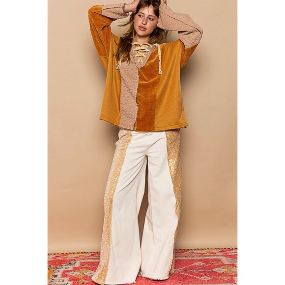 POL Floral Sequin & Velvet Side Stripe Wide Leg Jeans - Picture 11 of 15